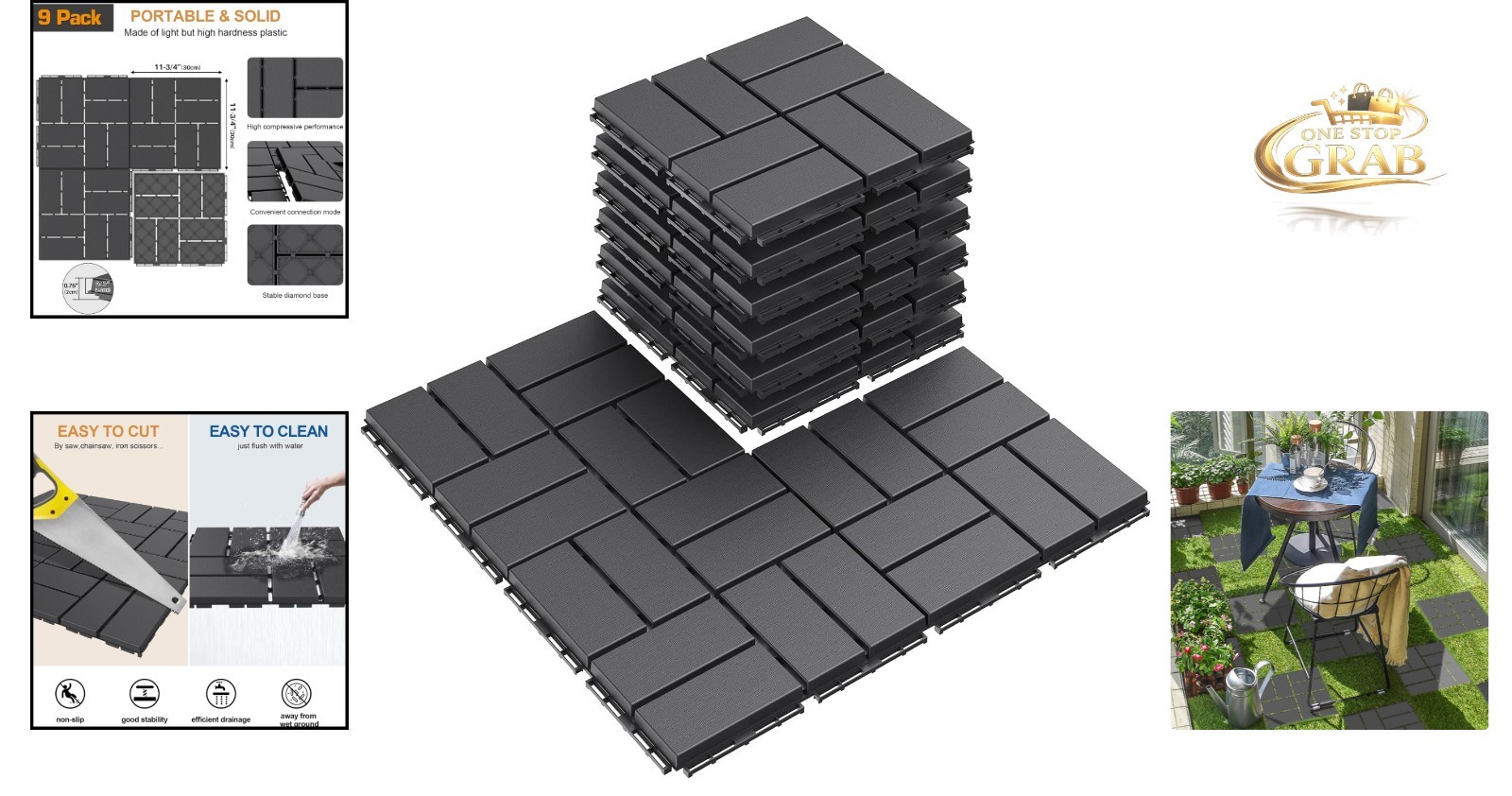 Plastic Interlocking Deck Tiles 9 Pack Outdoor Patio Flooring 12×12 Dark Grey