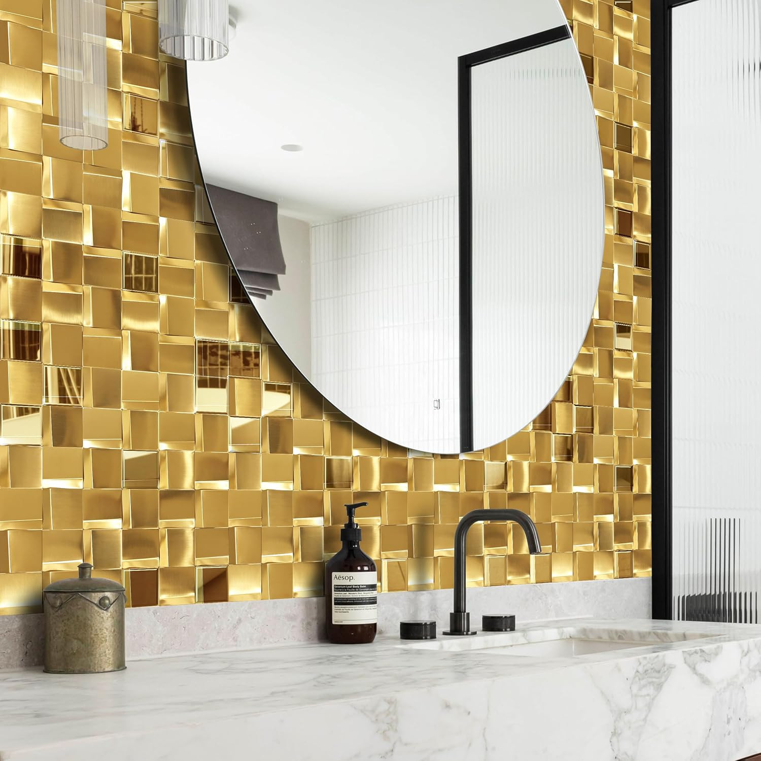 5 Sheets 3D Gold Metal Mosaic Tiles for Stunning Wall Backsplash – 5 Sq Ft