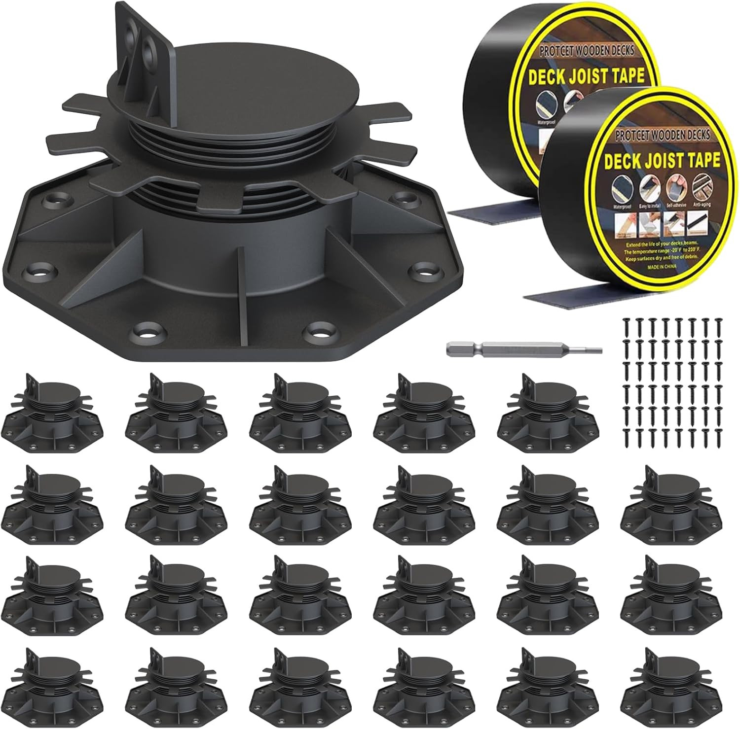 Deckit 24-Pack Adjustable Deck Support Pedestals, 1.18″–2.36″ (30–60 Mm), for 2×