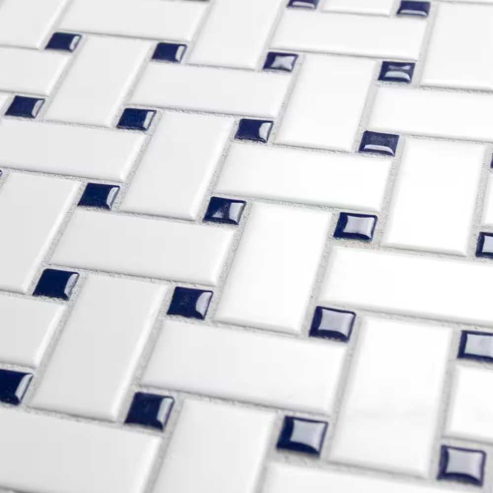 Metro Basketweave White with Glossy Cobalt Dot 11-3/4 In. X 11-3/4 In. Porcelain