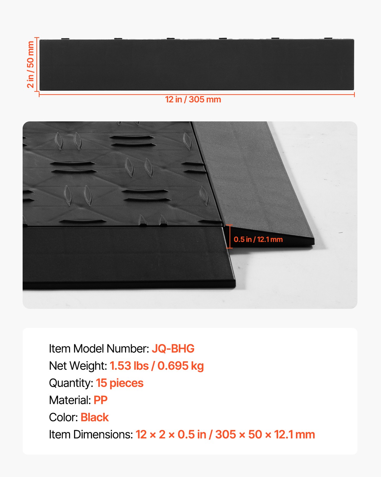 VEVOR Male Garage Floor Edge Kit 15pcs PP Interlocking Edging Slip-resist Black
