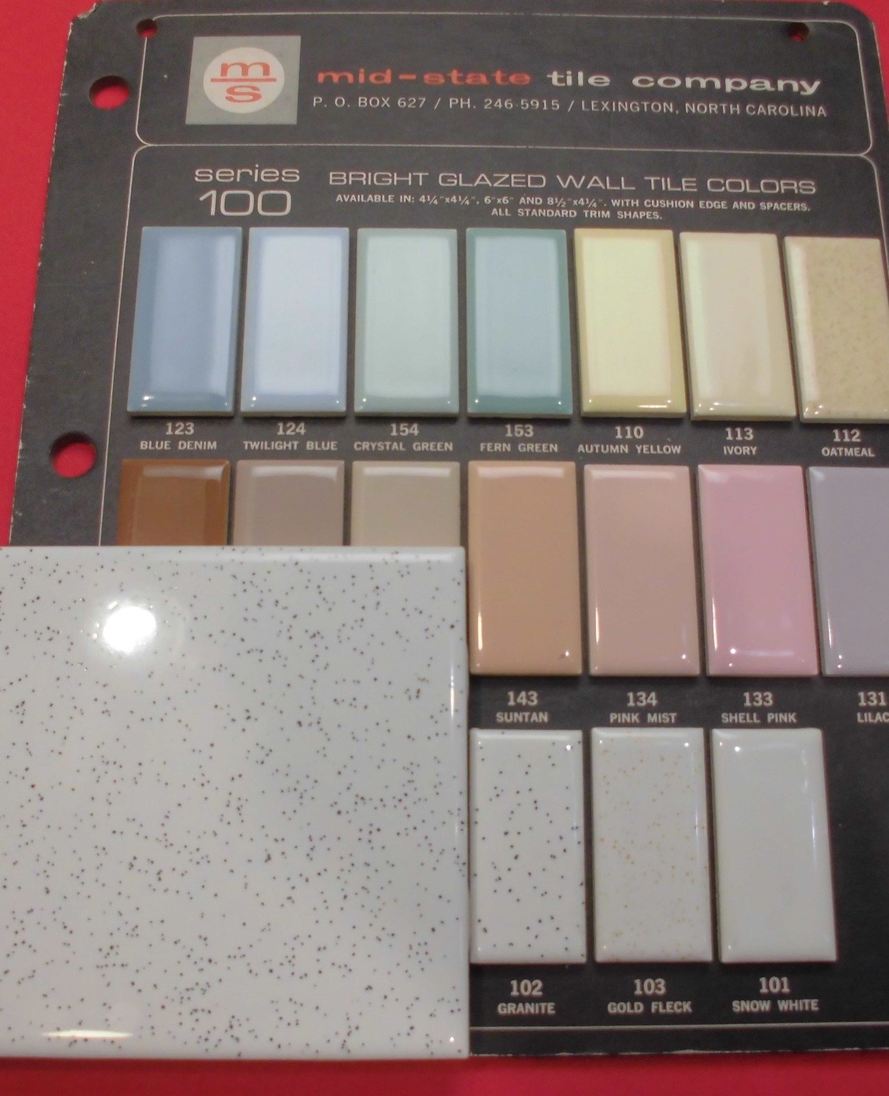 1 pc. White with dark specks…Glossy Ceramic Tile by Mid-State Co. 4-3/8″ NOS