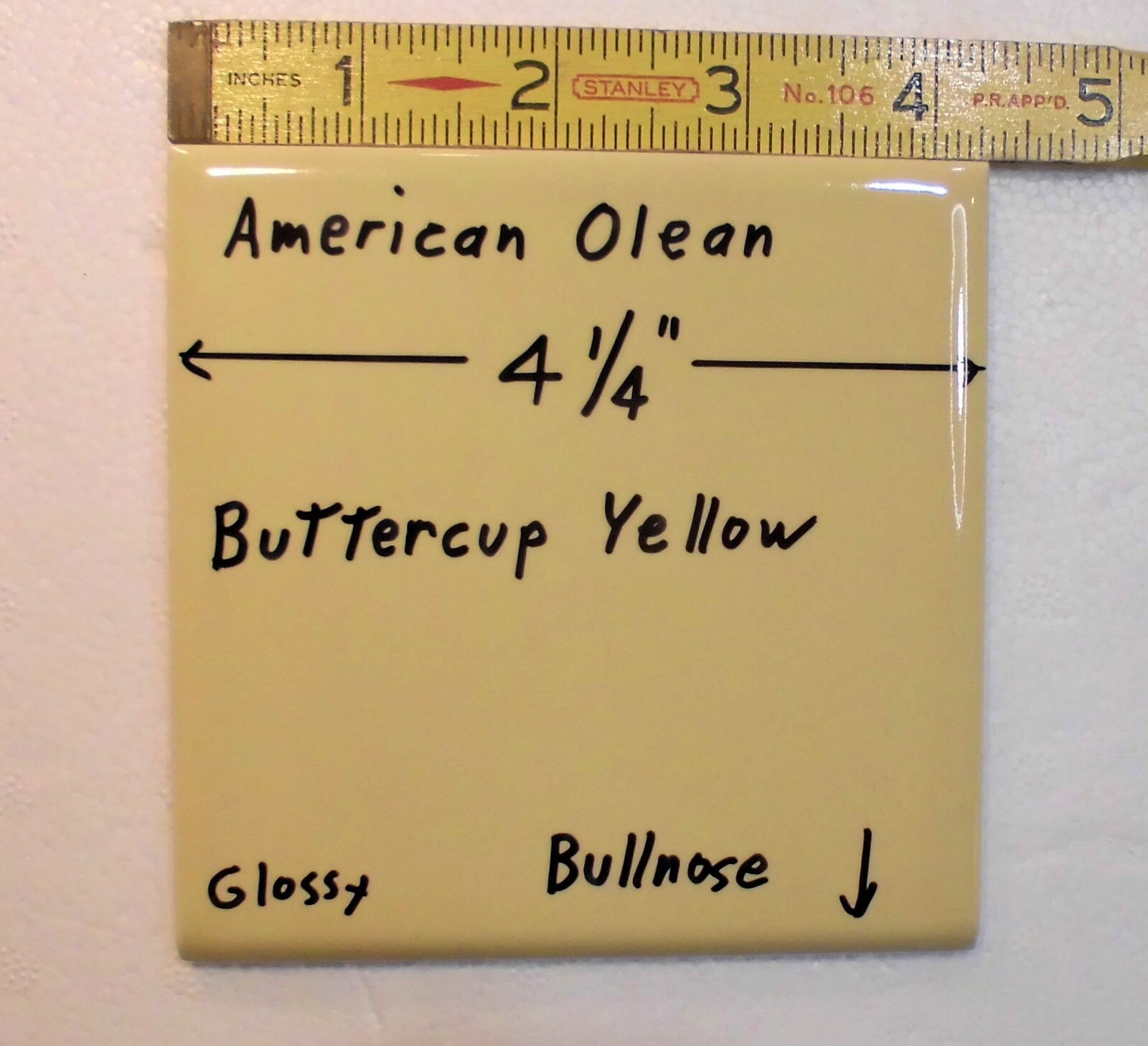 1 pc. Buttercup Yellow: 4-1/4″ Glossy BULLNOSE Ceramic Tile: American Olean, NOS
