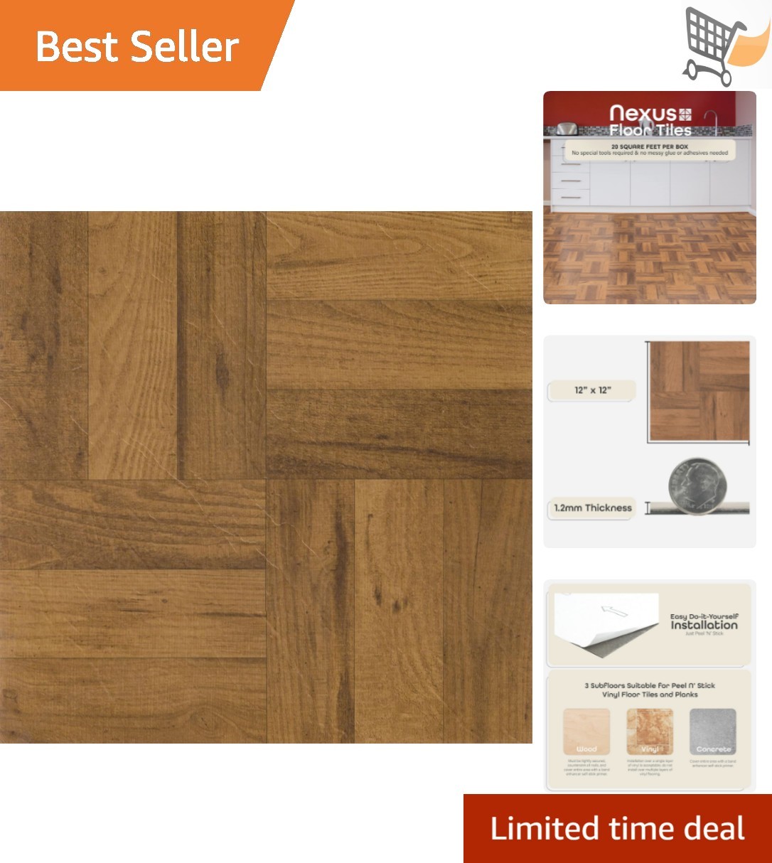 Vinyl Floor Tiles 12×12 Inch Peel & Stick Wood Look DIY Kitchen Bathroom