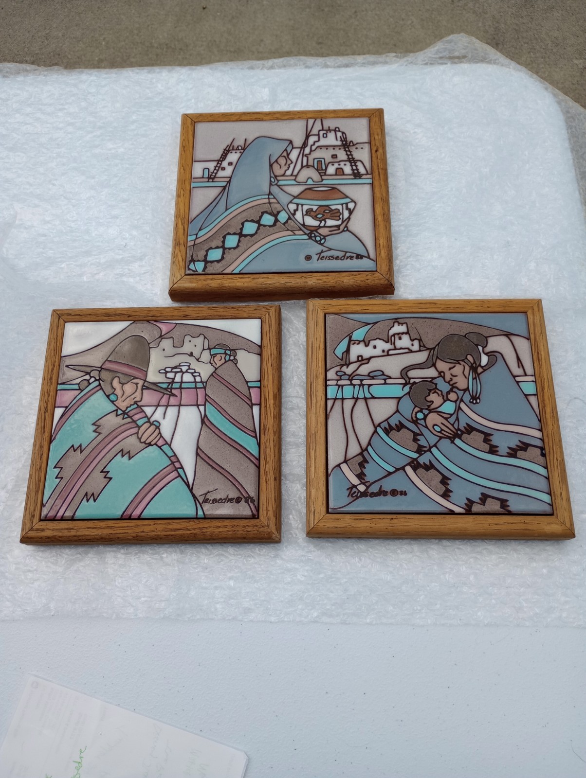 Vintage Cleo Teissedre Tiles Framed Trivets Wall Art Native American