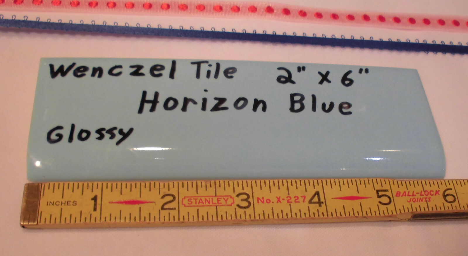 1 pc. Glossy *Horizon Blue* 2” X 6” Bullnose Ceramic Tile by Wenczel Co. NOS