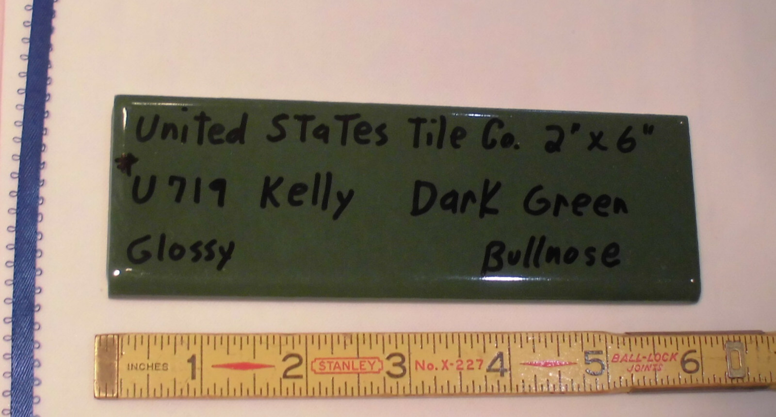 1 pc. Dark Greenest-Blue; Glossy Bullnose Surface Flat Ceramic Tile; NOS , USA