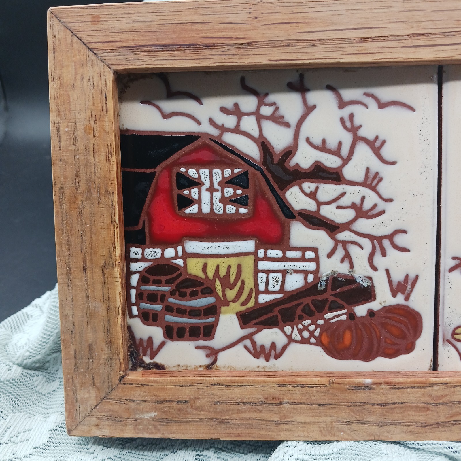 VTG Ceramic Tile Framed Wall art Barn Hen Chicks Pumpkin Trivet Country Farmcore