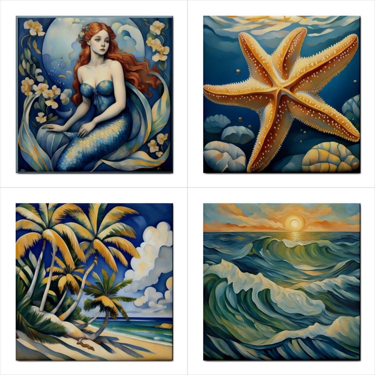Beach Nautical Ocean Mermaid Ceramic Tile Art Set Of 4 Decorative Tiles