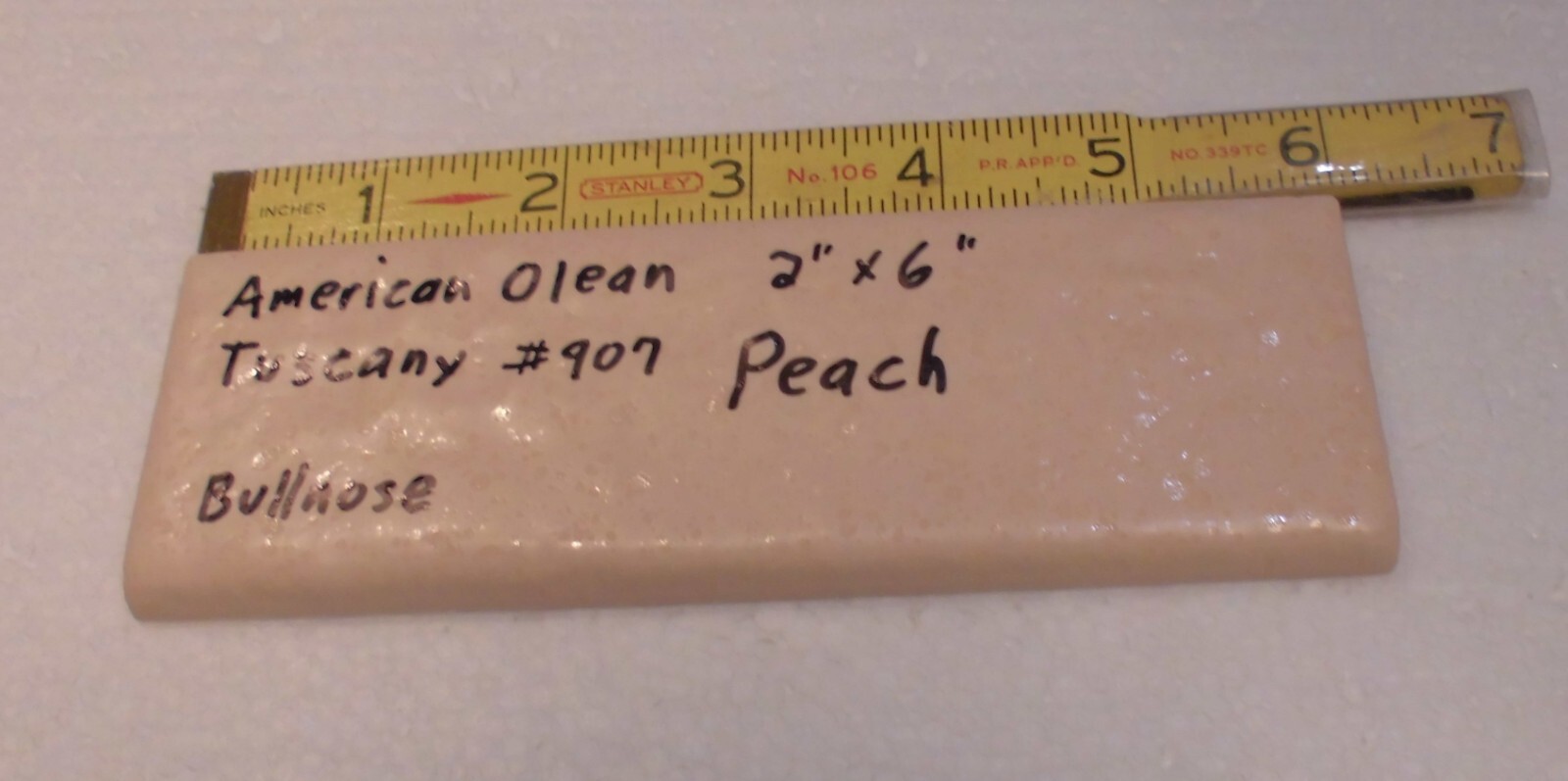 1 pc. Ceramic Bullnose Tile: 2” X 6″ Tuscany Peach #907 by American Olean: NEW