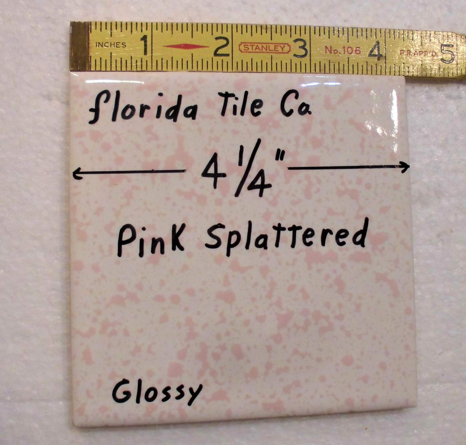 1 pc. “Pink Splattered” 4-1/4″ Glossy Ceramic Tile: Florida Co. Pink on White