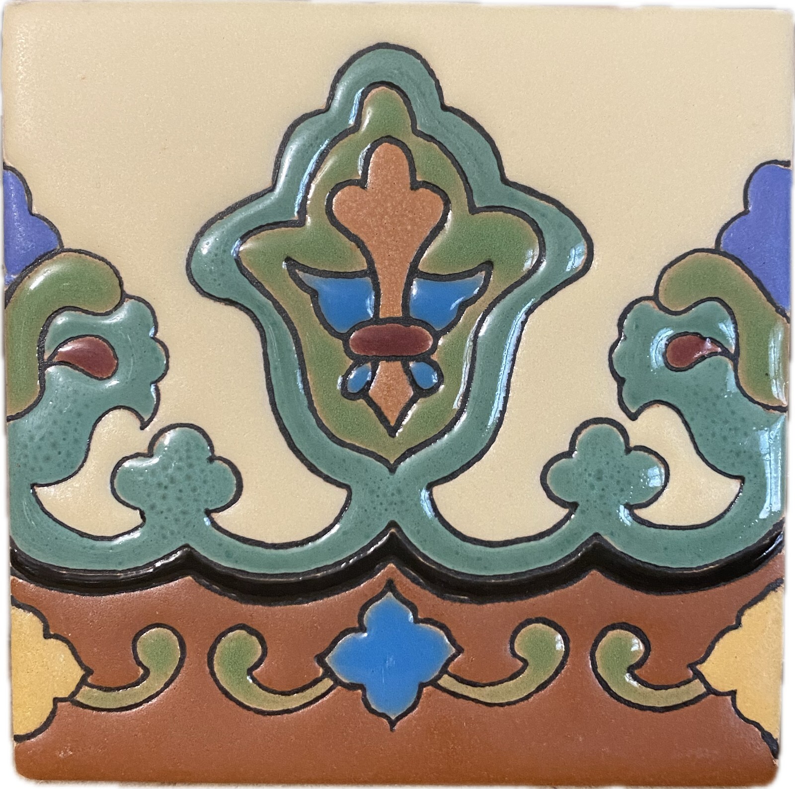Hand Painted Raised Relief Border Tile – Andalucias Green