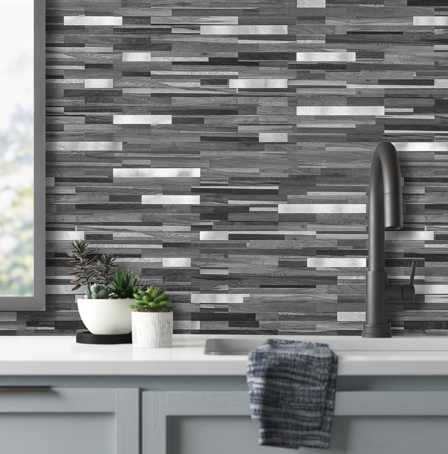 20 Sheets Peel and Stick Backsplash, Black & Grey Wood Look PVC Mixed Metal Stic