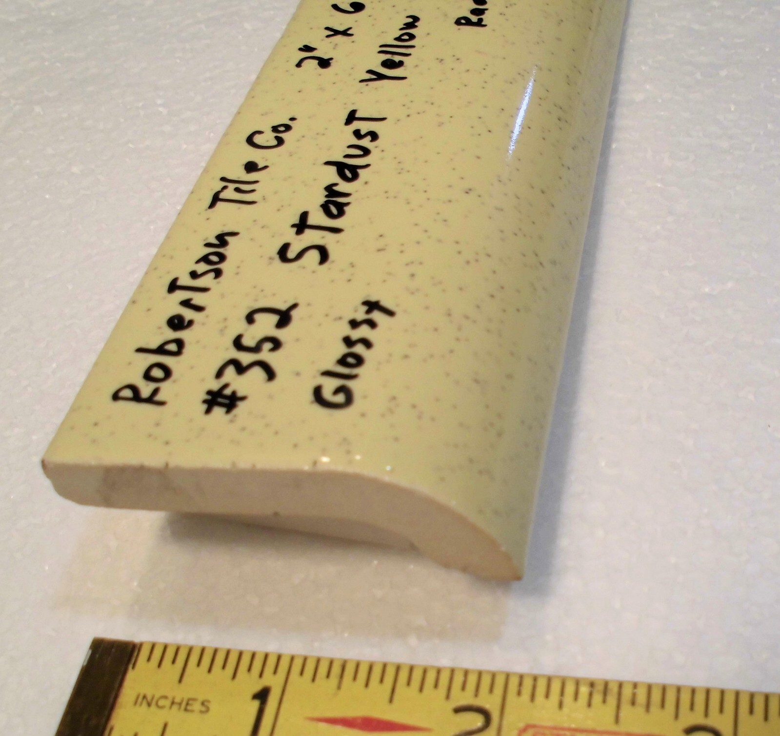 1 pc. *Stardust Yellow* Ceramic Tile; 2″ X 6-1/8″ Radius Bullnose; by Robertson