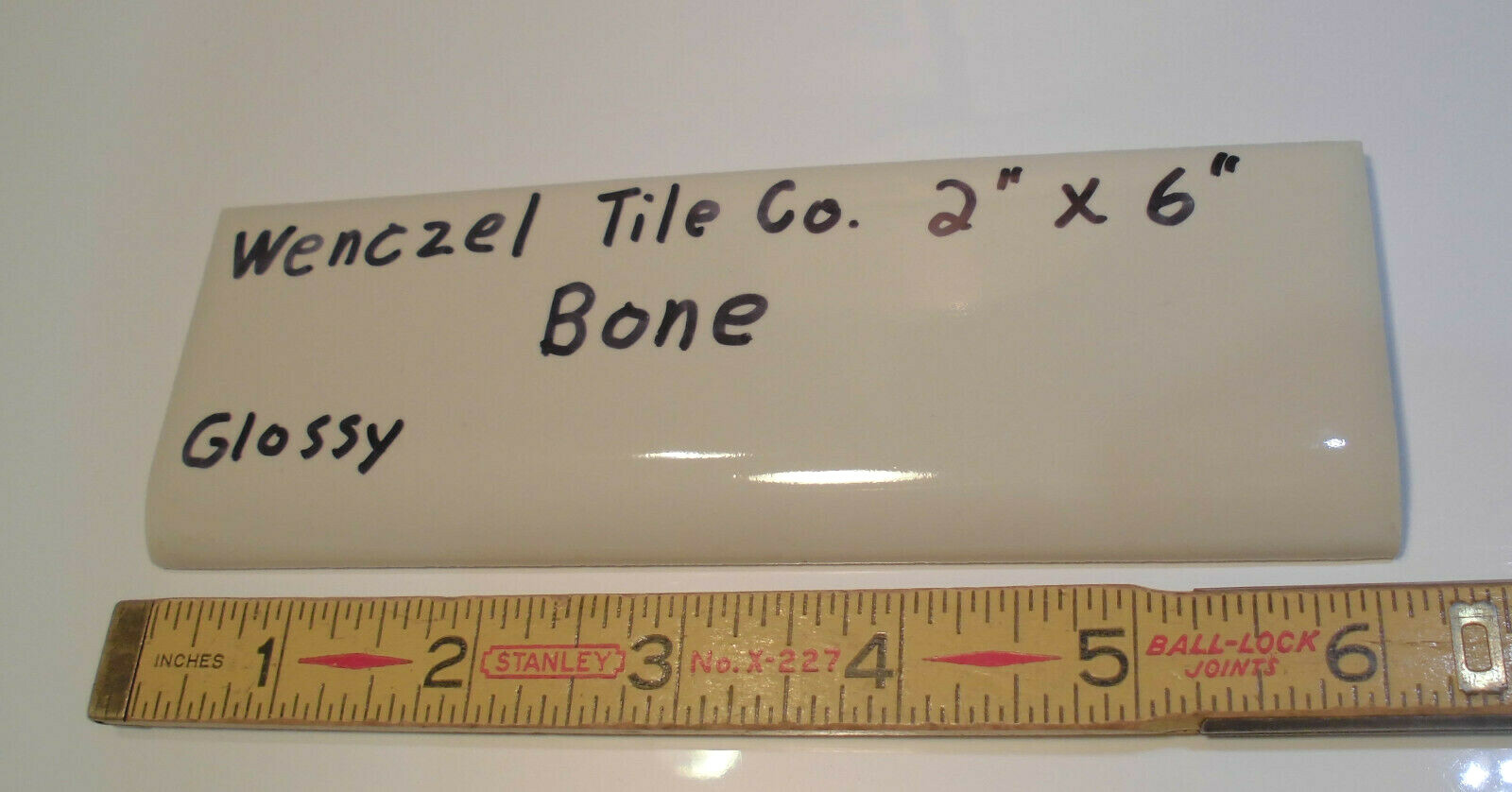 1 pc. Vintage Glossy *Bone* 2” X 6” Bullnose Ceramic Tile by Wenczel Co. NOS