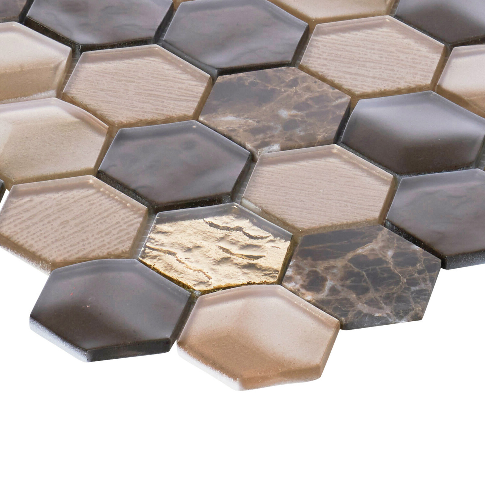 Hexagon Emperador Marble Metallic Brown Gold Beige Glass Mosaic Tile Backsplash