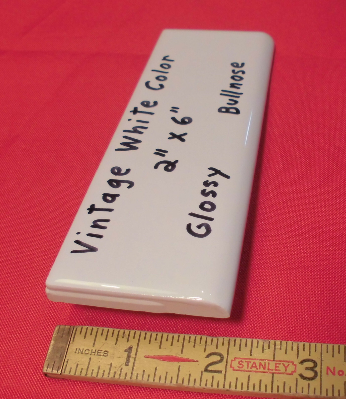 1 pc. *Vintage White* Glossy 2″ X 6″ Ceramic Surface/Flat Bullnose Tiles; NEW