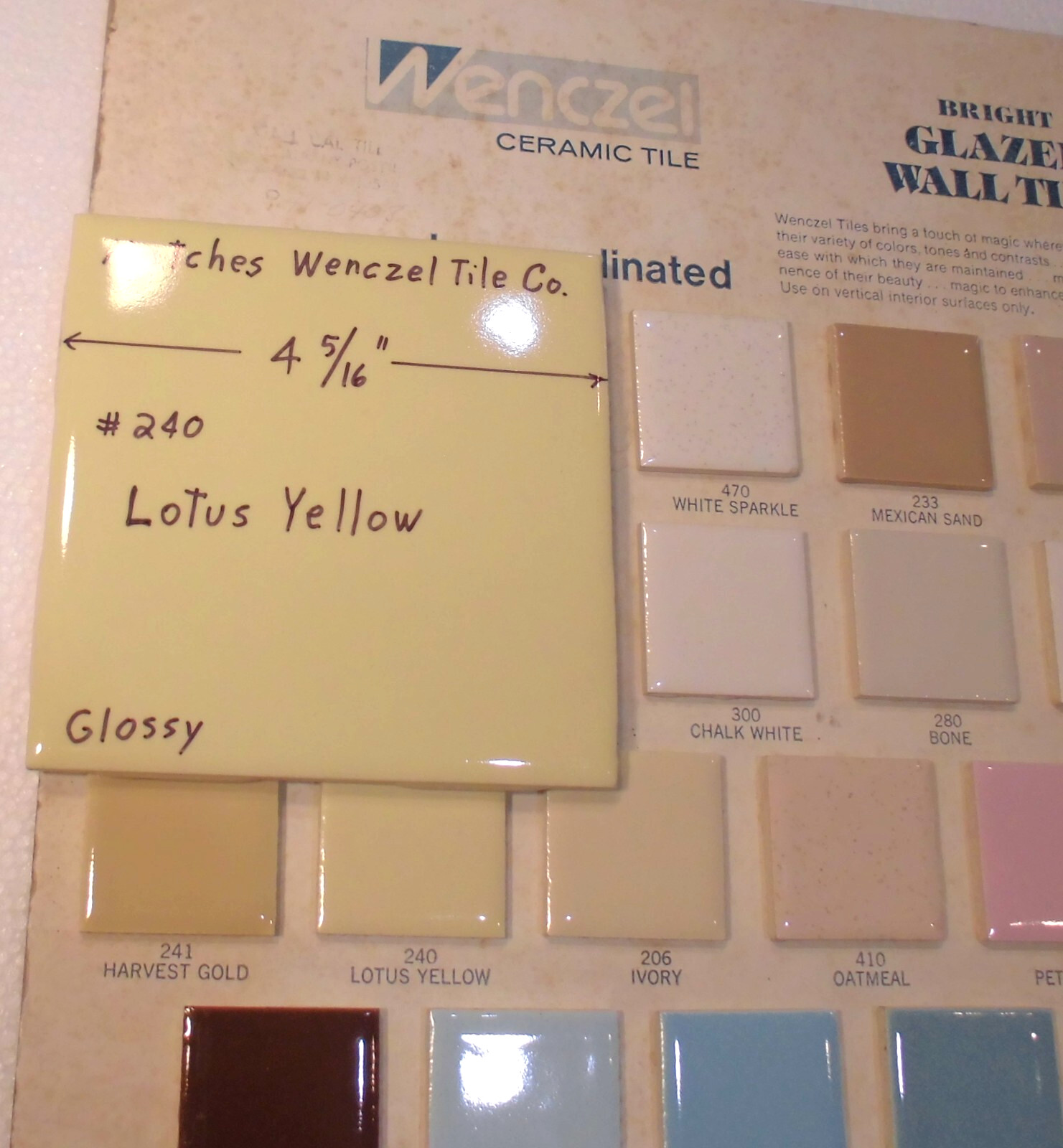 1 pc. Yellow 4-5/16″ Glossy Ceramic Tile: matches Wenczel Co. #240: Lotus Yellow