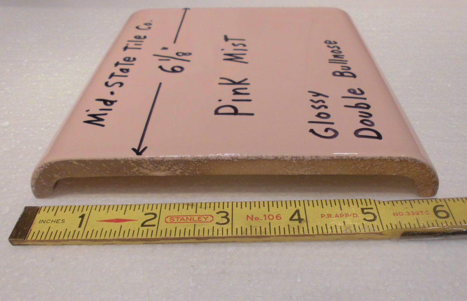 1 pc. Pink Mist 6″ x 6″ Double Radius Bullnose Glossy Ceramic Tile: Mudd Caps