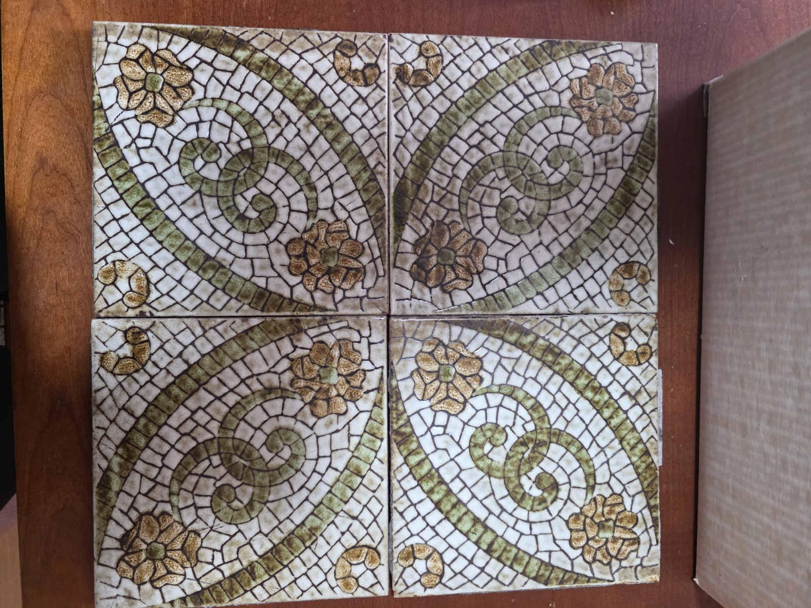 1970s Vintage Ceramic Floral Pattern Green/Floor Tiles Made In Italy