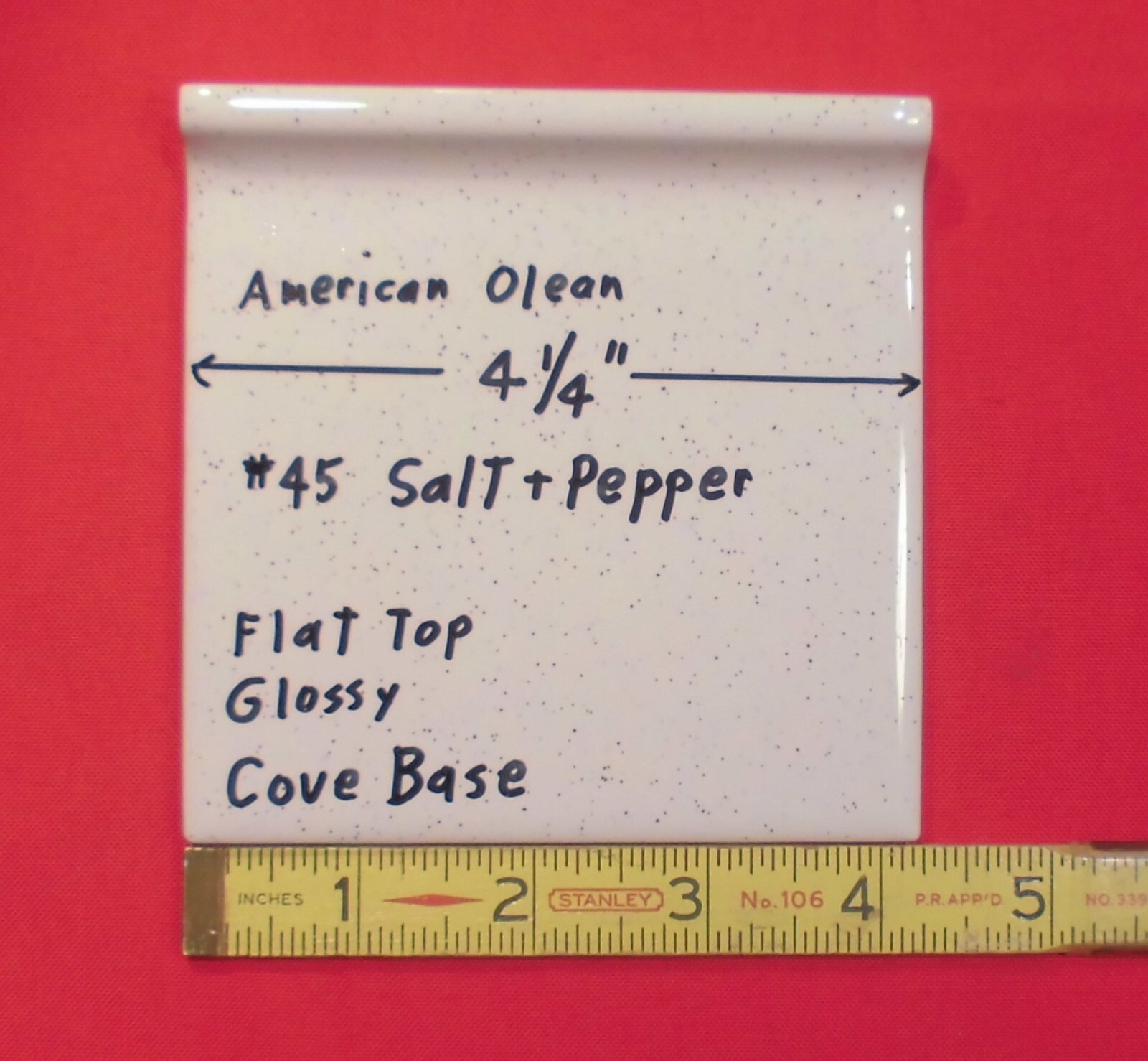 1 pc. Salt & Pepper: stack-on-top Cove/Base Ceramic Tile; 4-1/4″ American Olean