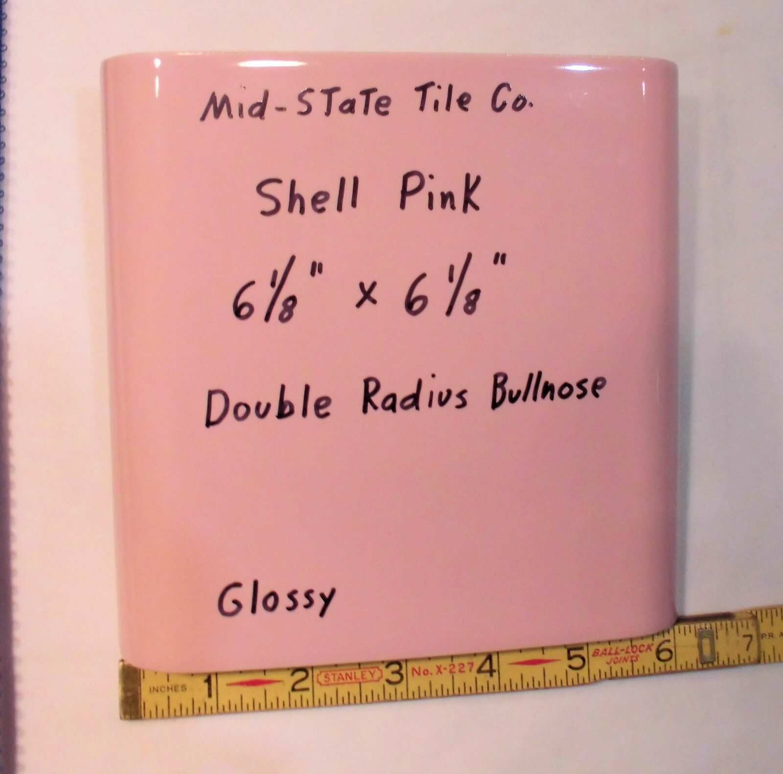 1 pc. Shell Pink 6″ x 6″ Double Radius Bullnose Glossy Ceramic Tile: made 1950’s