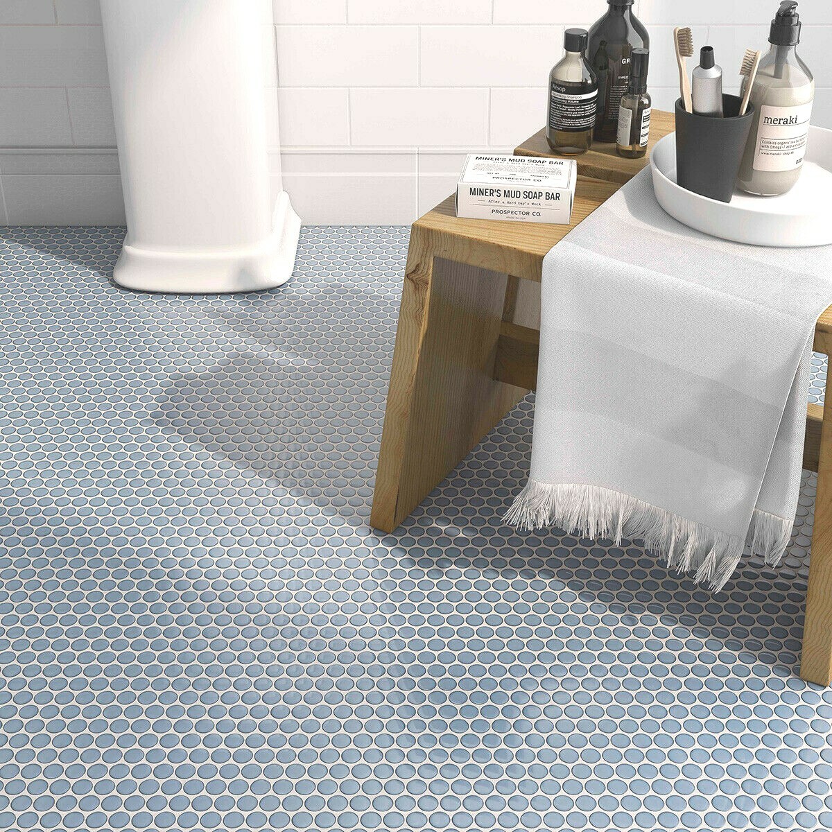 3/4 x 3/4 Penny Round Raku Style Cielo Blue Porcelain Mosaic Wall and Floor