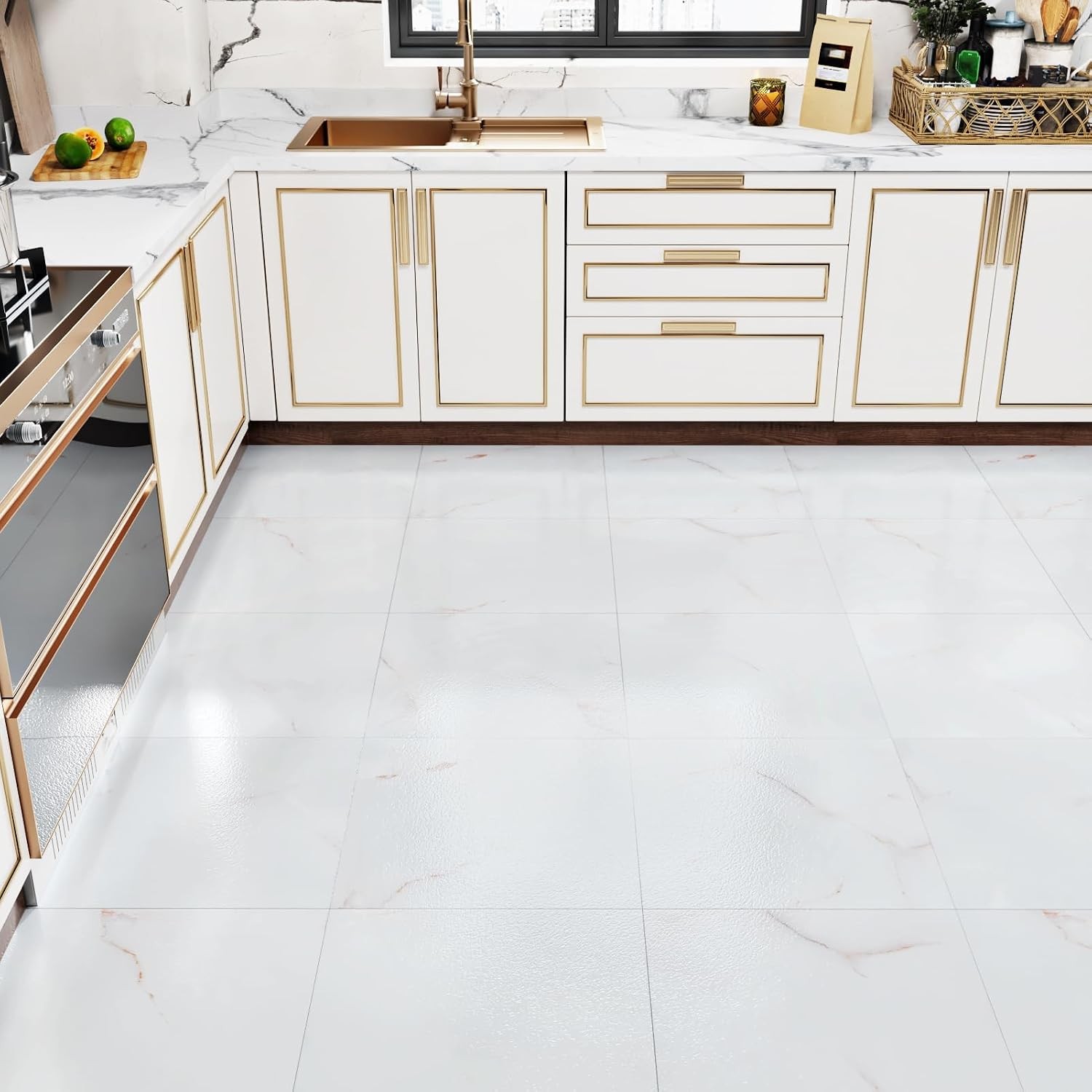 White/Red Peel and Stick Floor Tile Waterproof White Marble Floor Tiles for