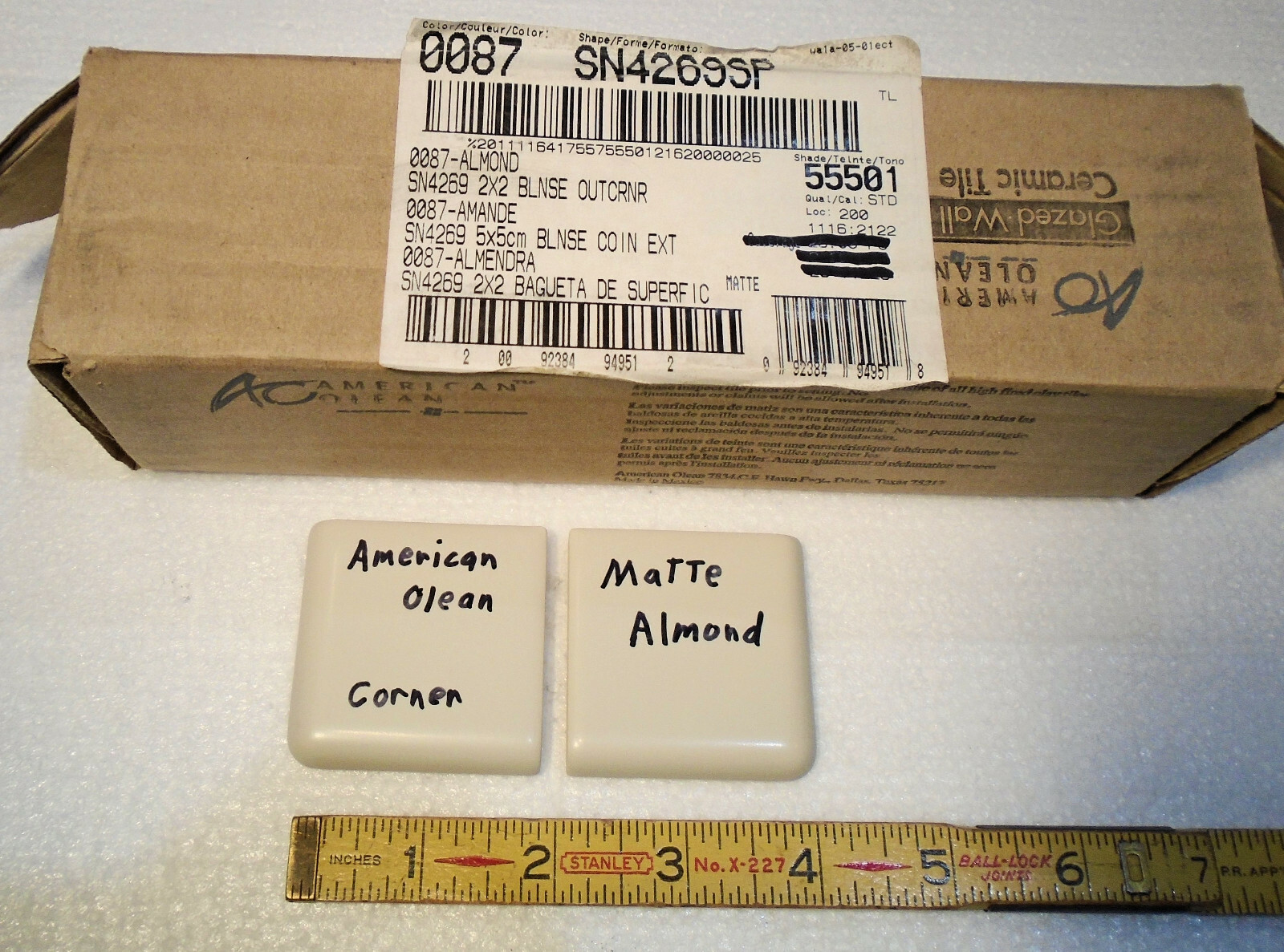 2 pcs. Matte Almond 2″ X 2″ X 5/16″ Ceramic Surface Bullnose Corner Tiles; NEW