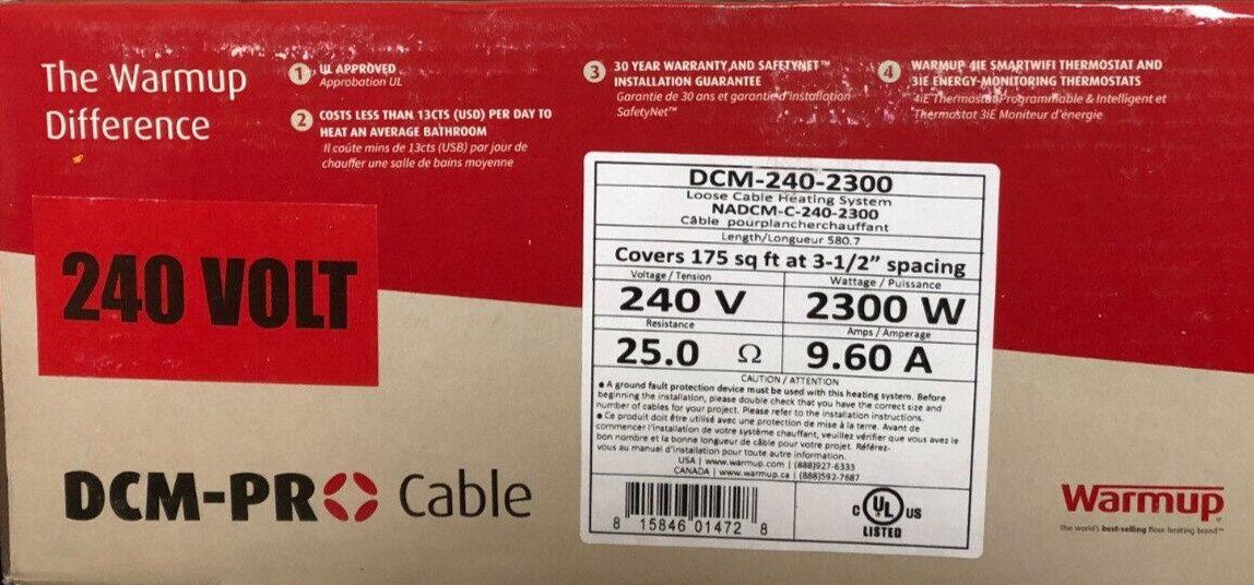 Warmup 175 Sq Ft Electric Heating Cable 240v 2300W, 9.8A DCM-PRO 581′ L **
