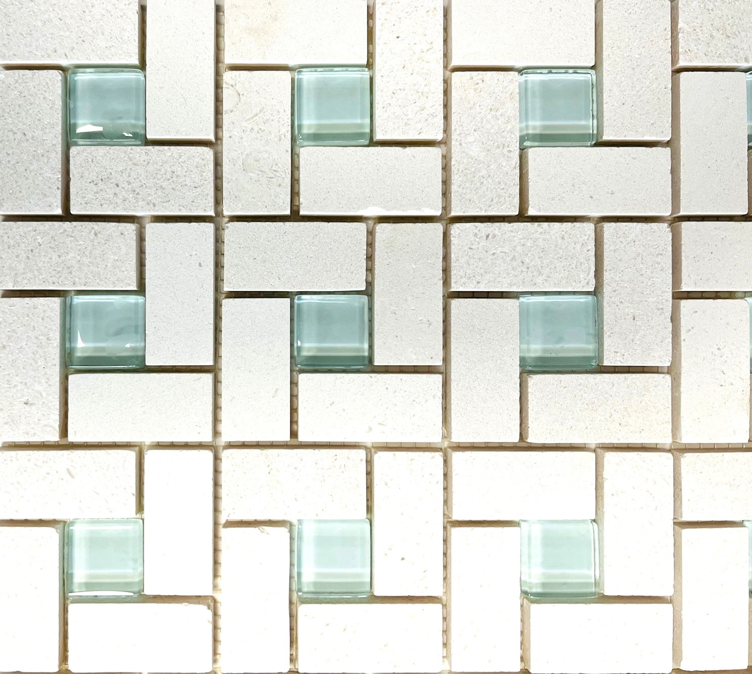 1X2 Pinwheel Vanilla Limestone with Ocean Blue Shiny glass Mosaic Wall Tile
