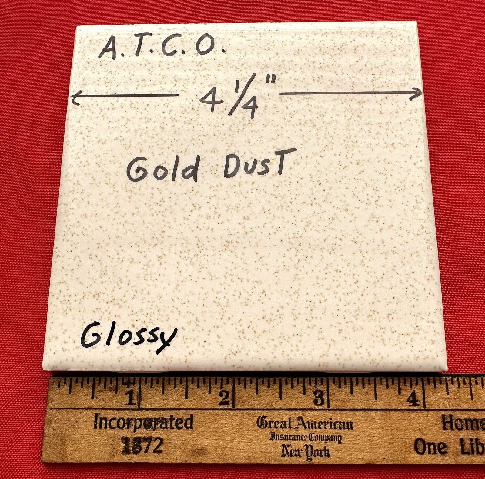 1 pc. *Gold Dust* 4-1/4″ Glossy Ceramic Tile: by A.T.C.O. white + gold specks