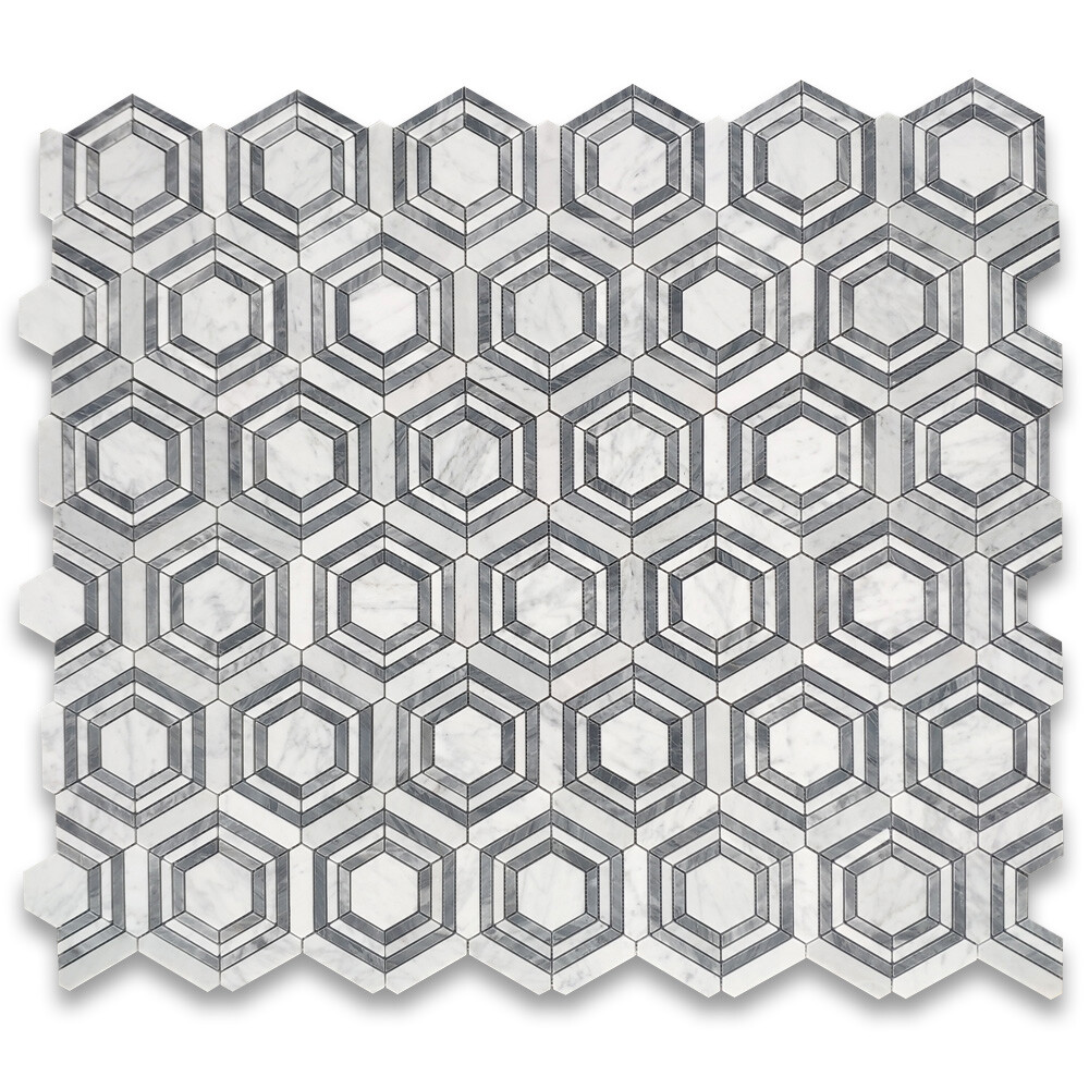 C33GXH Carrara White Gray Marble Hexagon Georama Geometric Mosaic Tile Honed