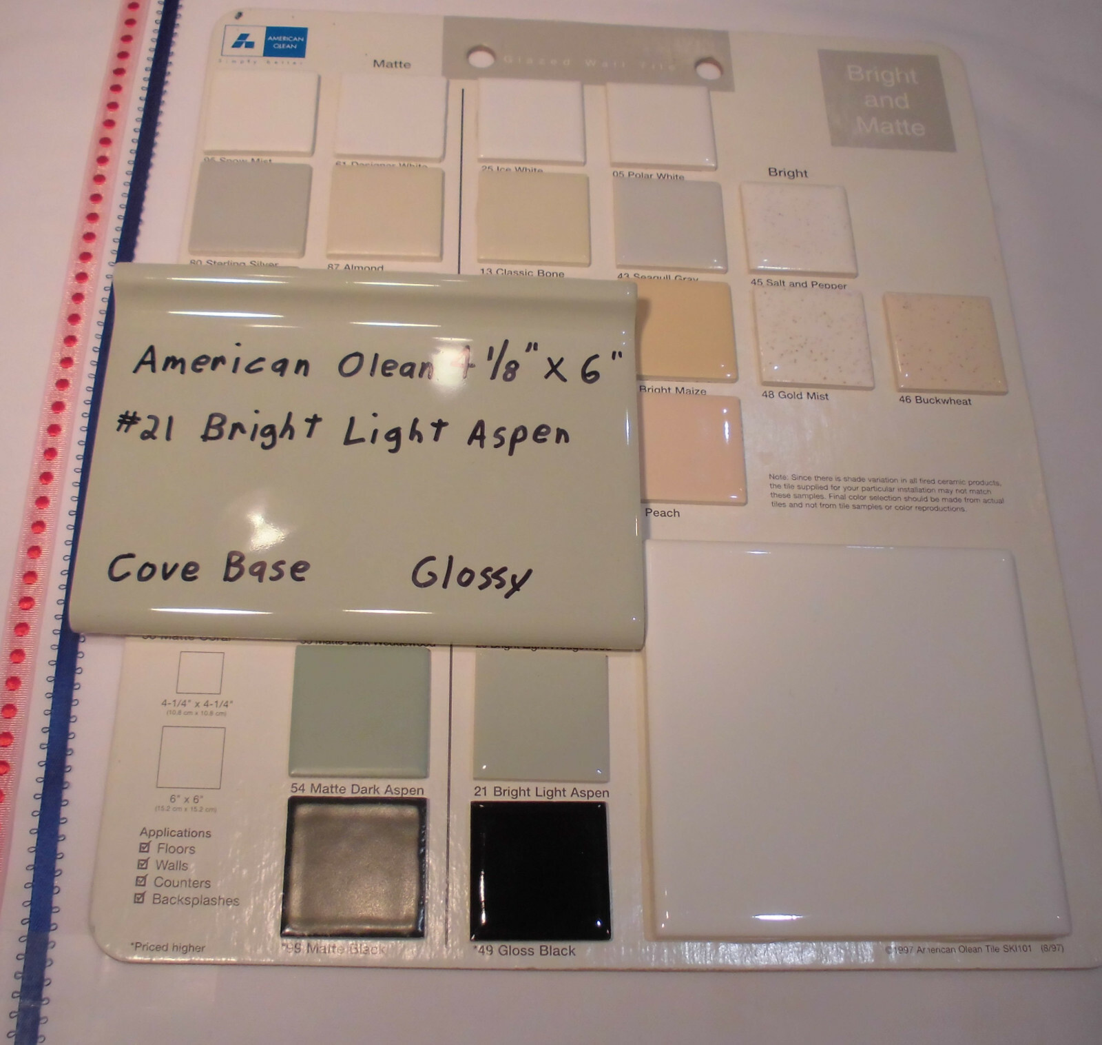 1 pc. Bright Light Aspen-Green; base/cove Ceramic Tile; 4-1/8″ X 6″ by A. O. #21