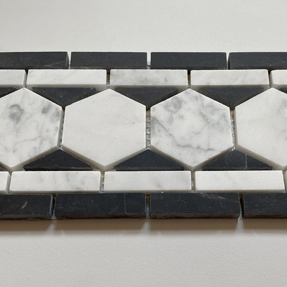 C32B1XH Carrara White Marble 2 Hexagon Listello Mosaic Border Tile Black Honed