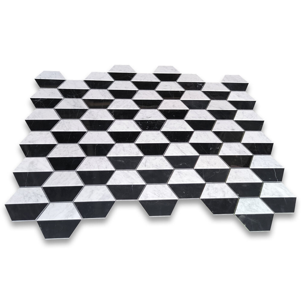 C35T1XP Carrara White Marble Trapezoid Split Hexagon Mosaic Tile Black