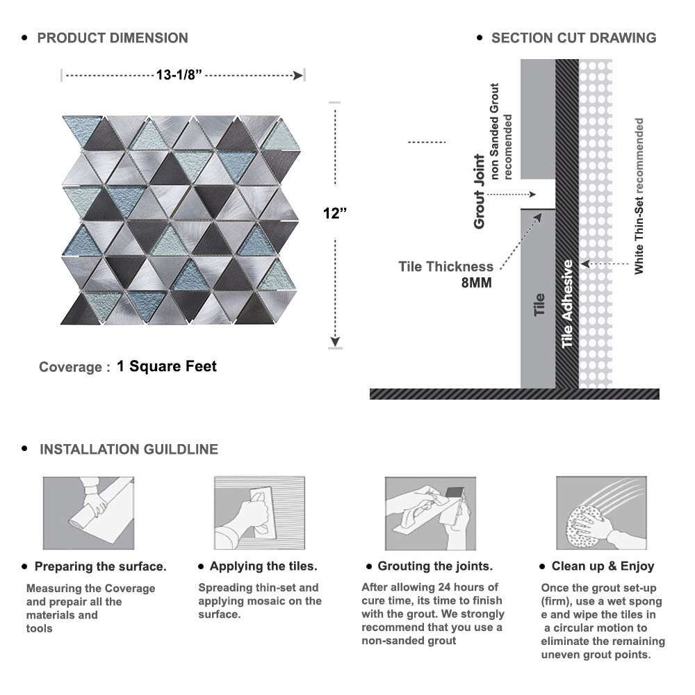 Gray Aluminum Metal Crystal Glass Triangle Mosaic Tile Kitchen Wall Backsplash