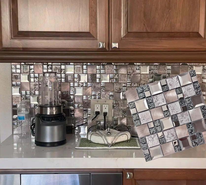 Glass Metal Tile Kitchen Backsplash Silver Bronze Aluminum Mosaic Wall Decor