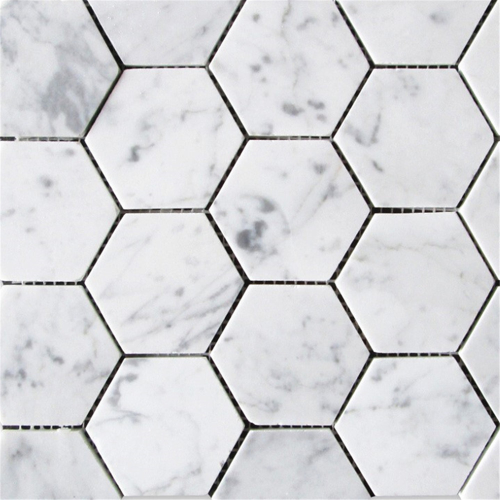C33XH Carrara Marble Hexagon Mosaic Tile Venato Carrera White 3 inch Honed