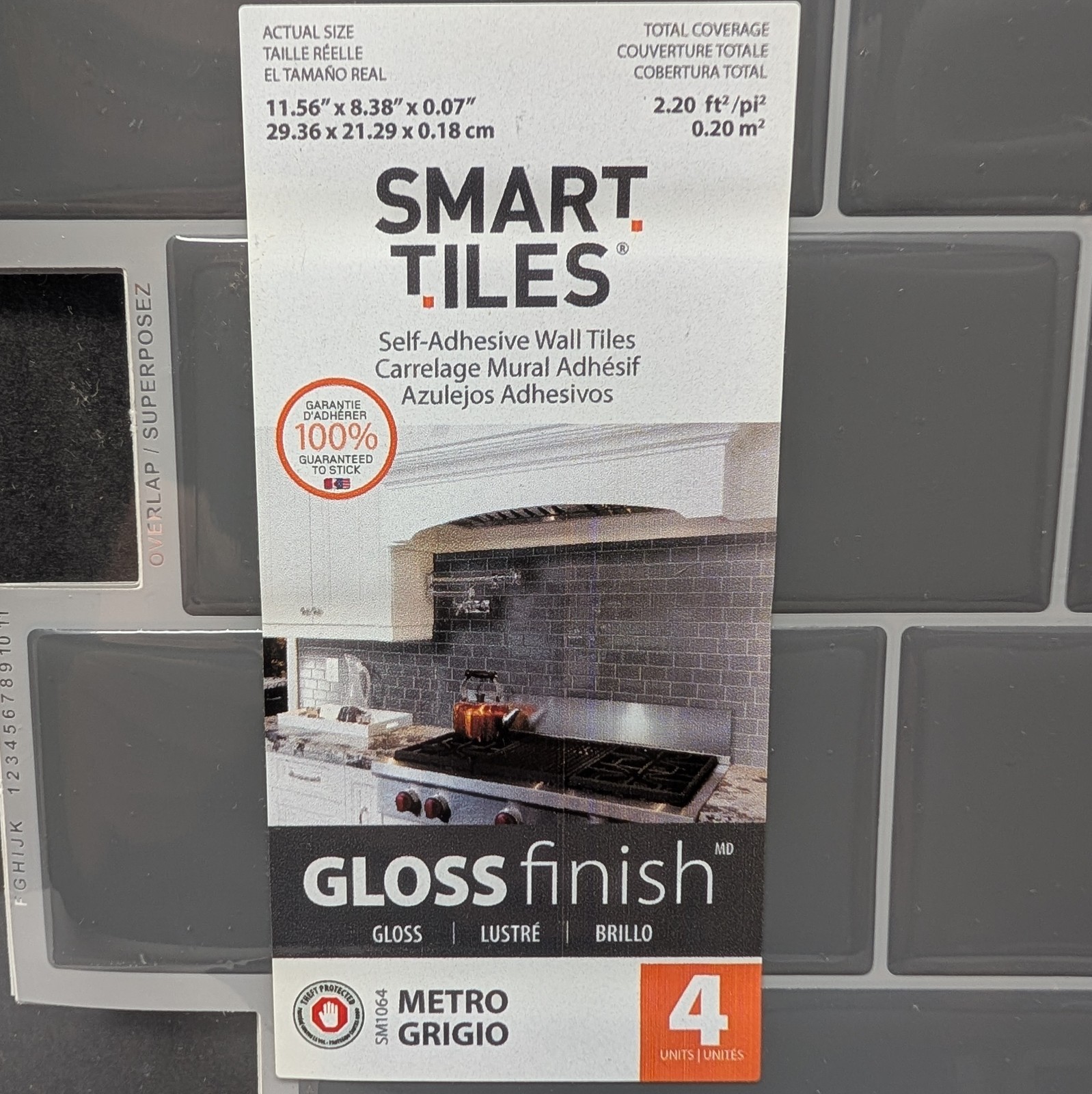 Smart Tiles Vinyl Adhesive Wall Tile 1 Pack of 4 Metro Grigio SM1064-4 (Gray)