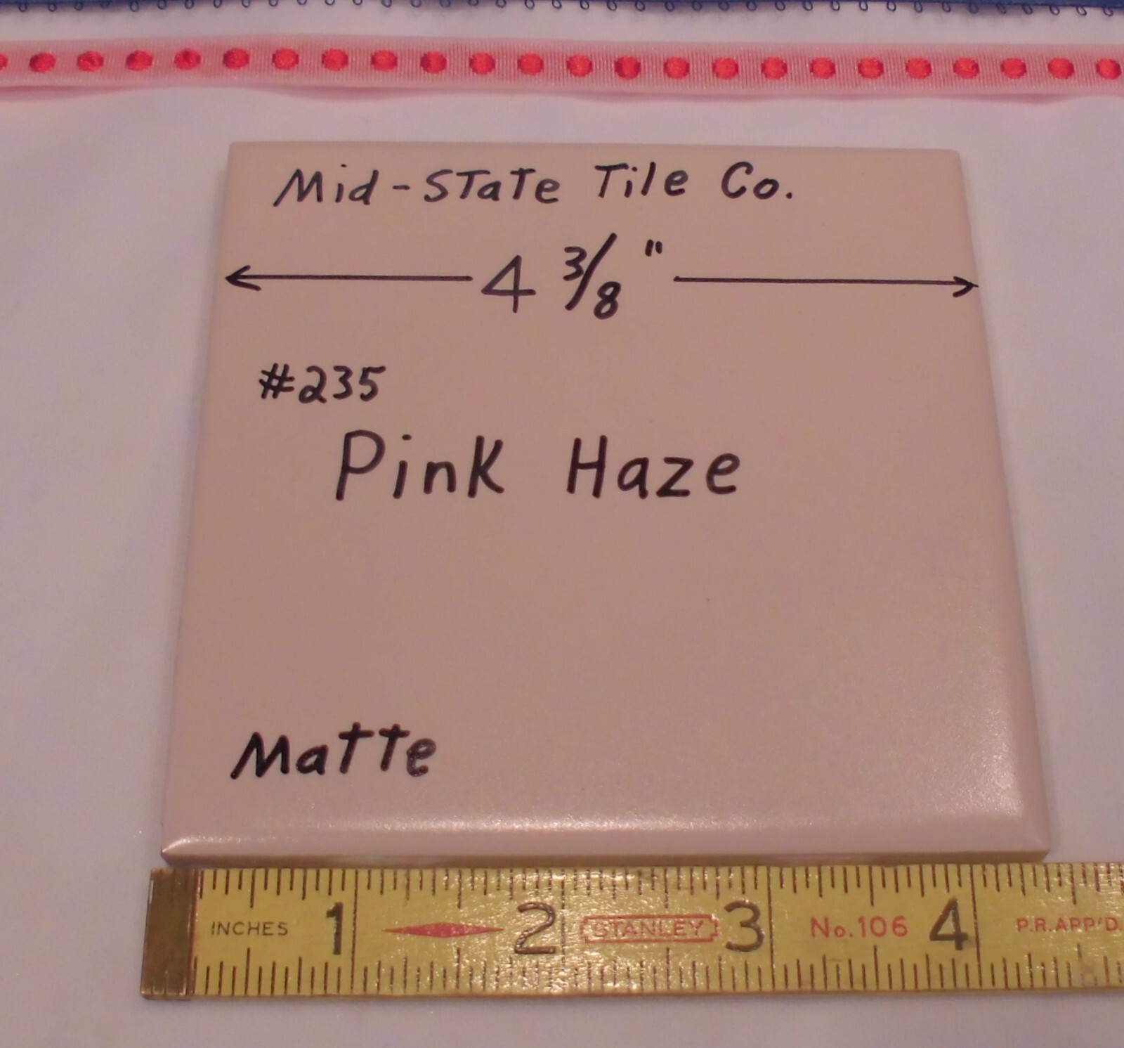1 pc. Matte Pink Haze #235: Ceramic Tile 4-3/8″ by Mid-State Co. New Old Stock