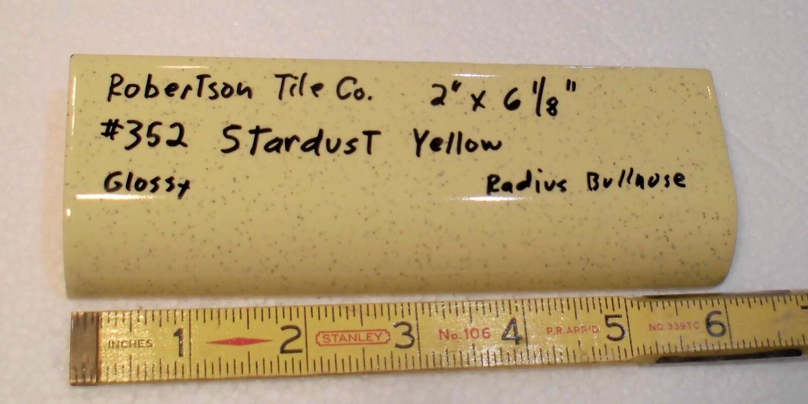 1 pc. *Stardust Yellow* Ceramic Tile; 2″ X 6-1/8″ Radius Bullnose; by Robertson