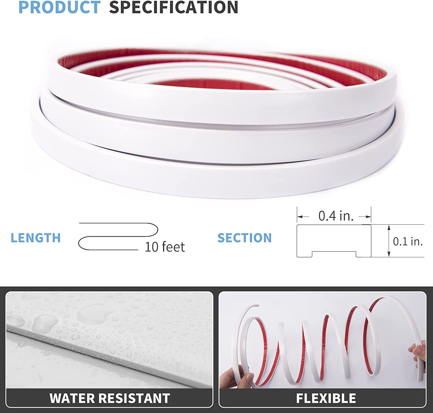 10 Ft Peel and Stick Flexible Vinyl Molding Trim for Wall Tile Edges, Kitchen ba