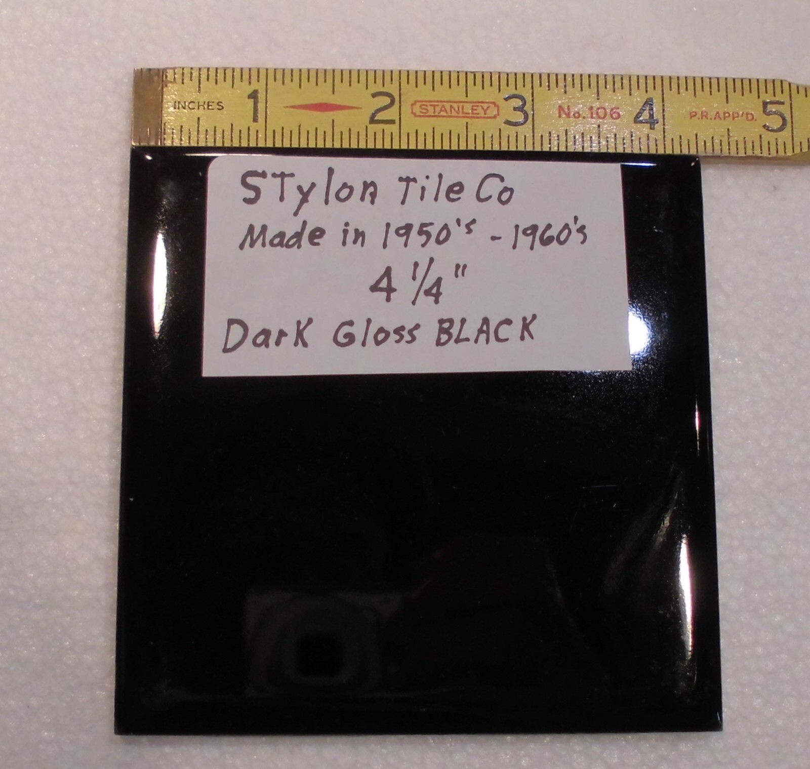 1 pc. Dark Gloss Black: 4-1/4″ Ceramic Tile by Stylon Co. Made in 1950’s -60’s