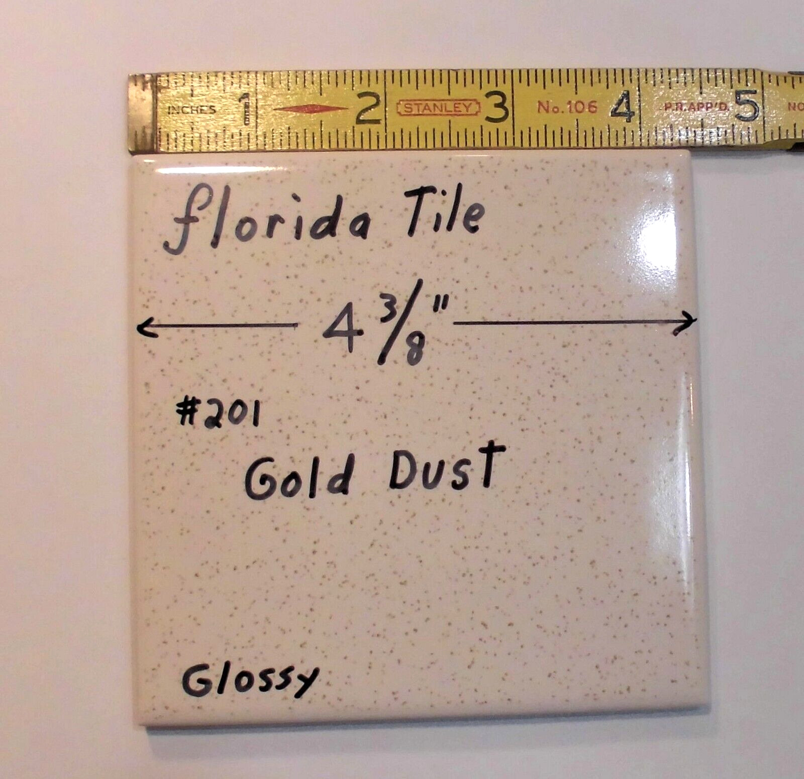 1 pc. Gold Dust: 4-3/8″ Glossy Ceramic Tile by Florida Tile Co. NOS, Speckled