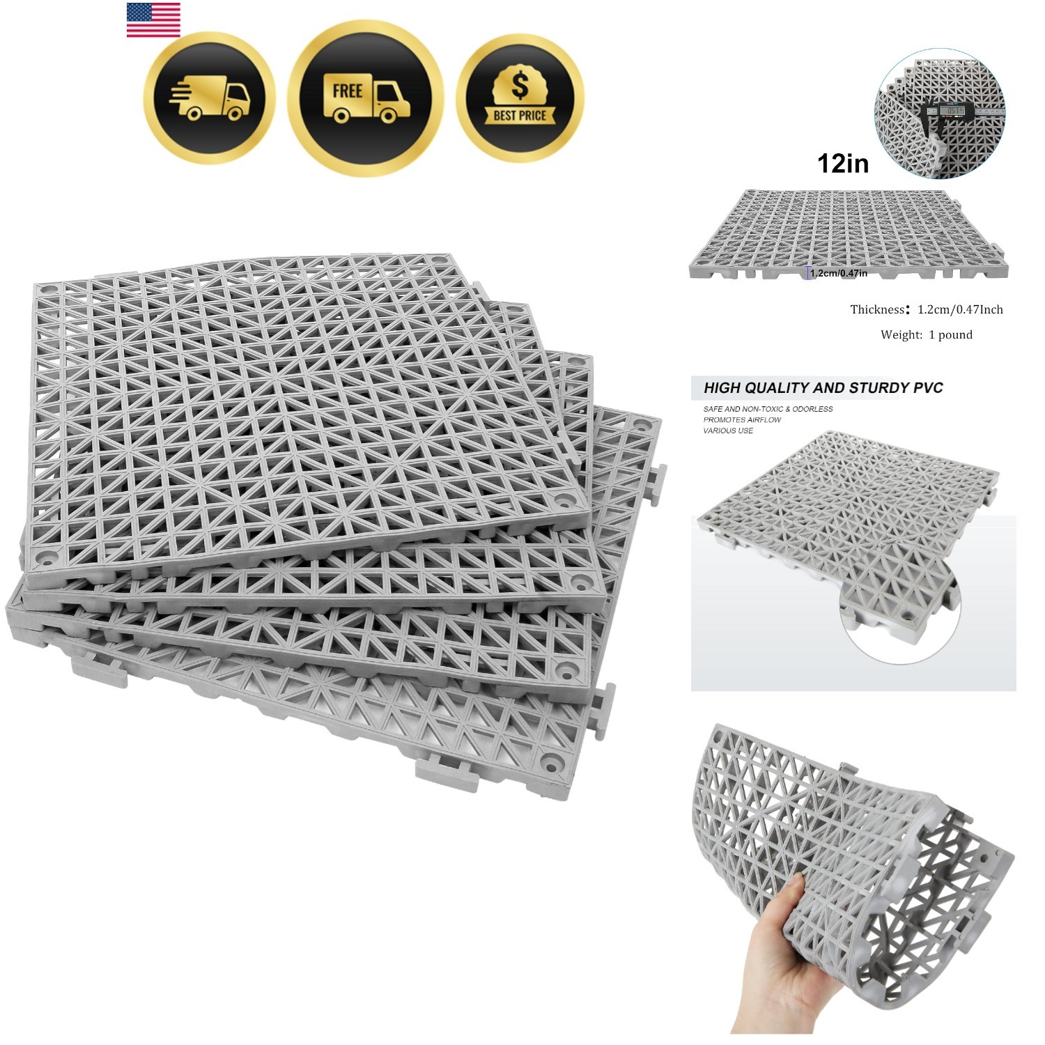 12 Pack 12″ x 12″ Interlocking Rubber Bathroom Flooring Tiles Non-Slip Splici…
