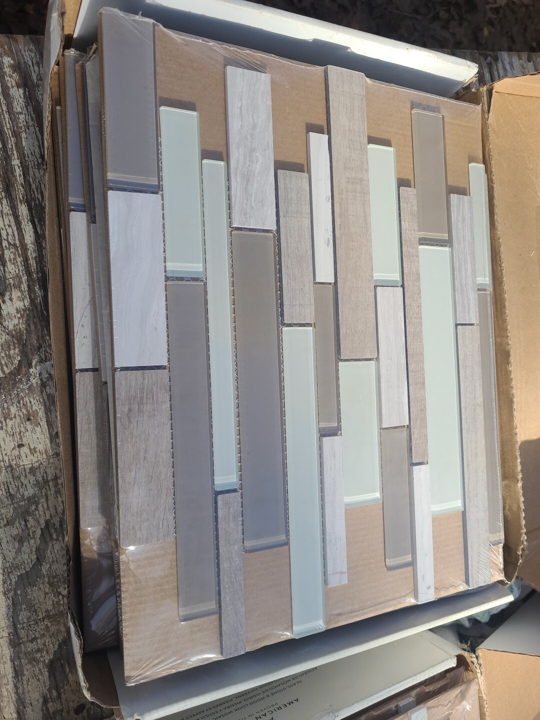 American Olean Glass Stone Wood Look Mosaic Tile Delfino Natural Taupe 16 Sheets