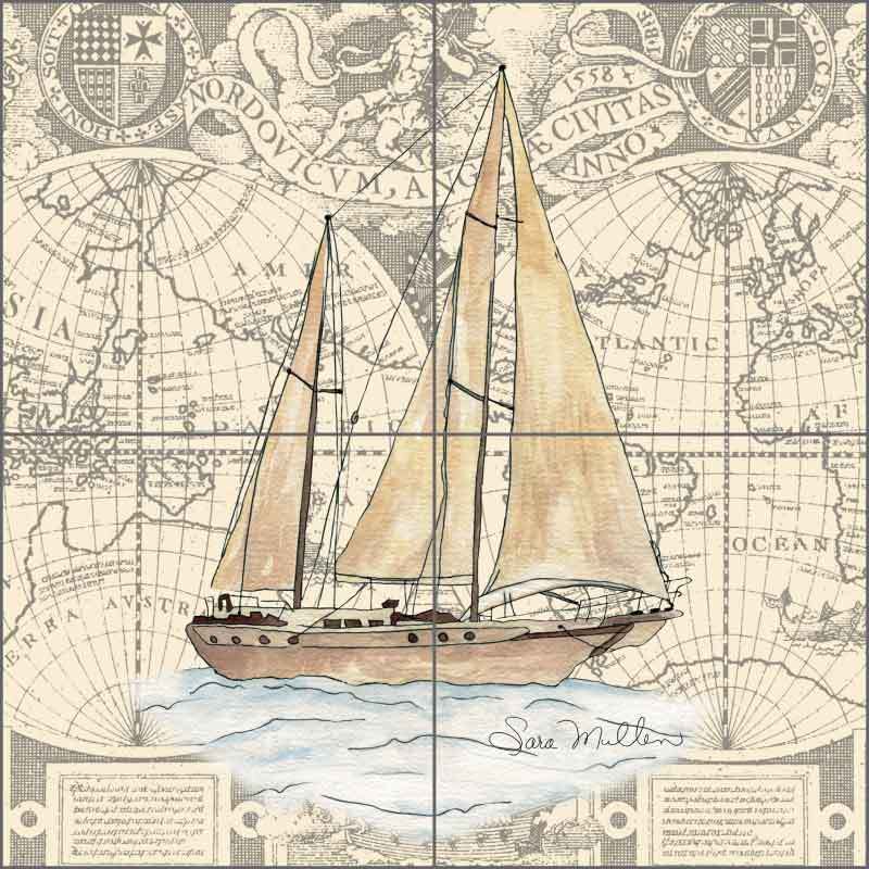 Nautical Tile Backsplash Mullen Sailboat Boat Chart Art Ceramic Mural SM029