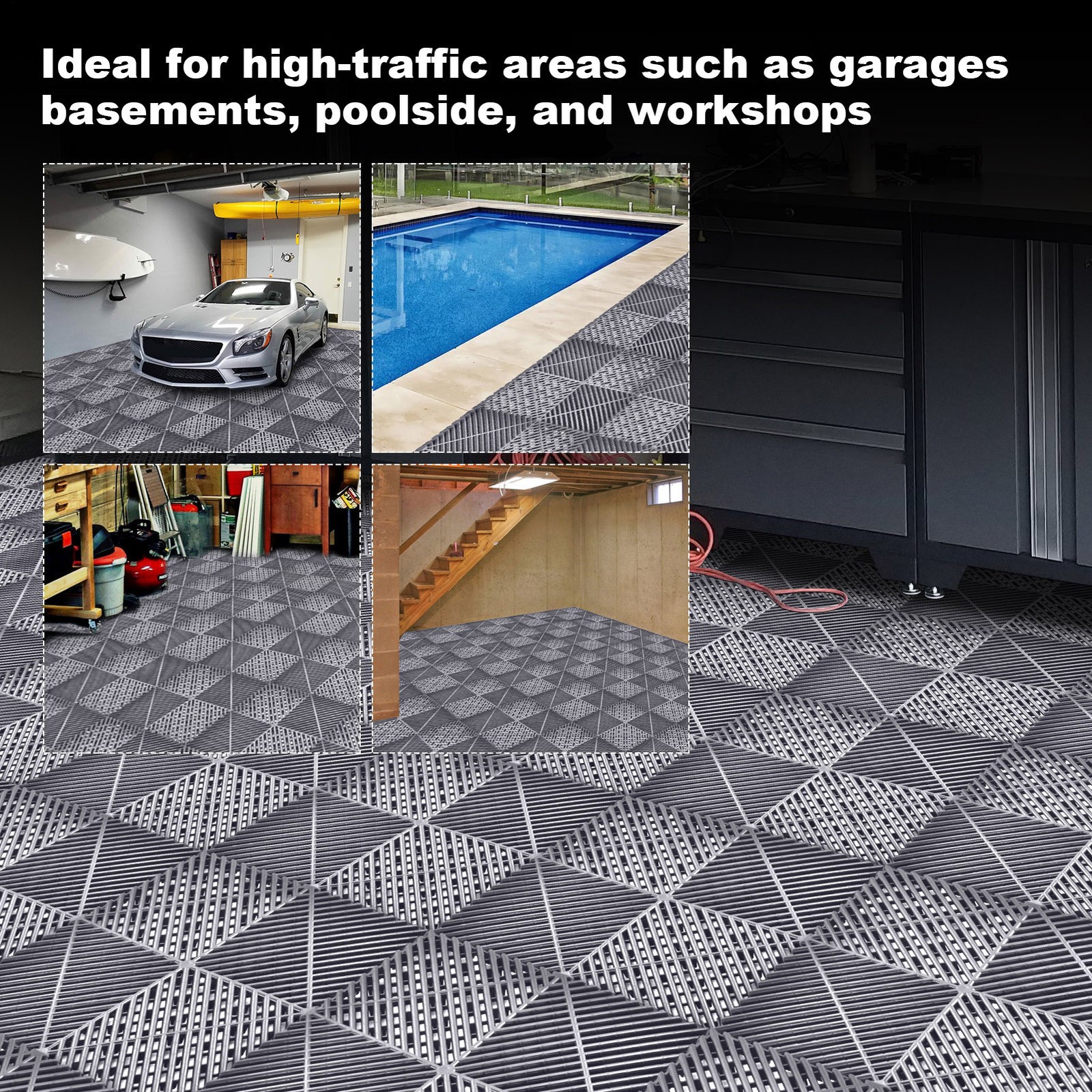 40 PCS Interlocking Garage Floor Tiles Water Drainage Non-Slip 15.75×15.75”