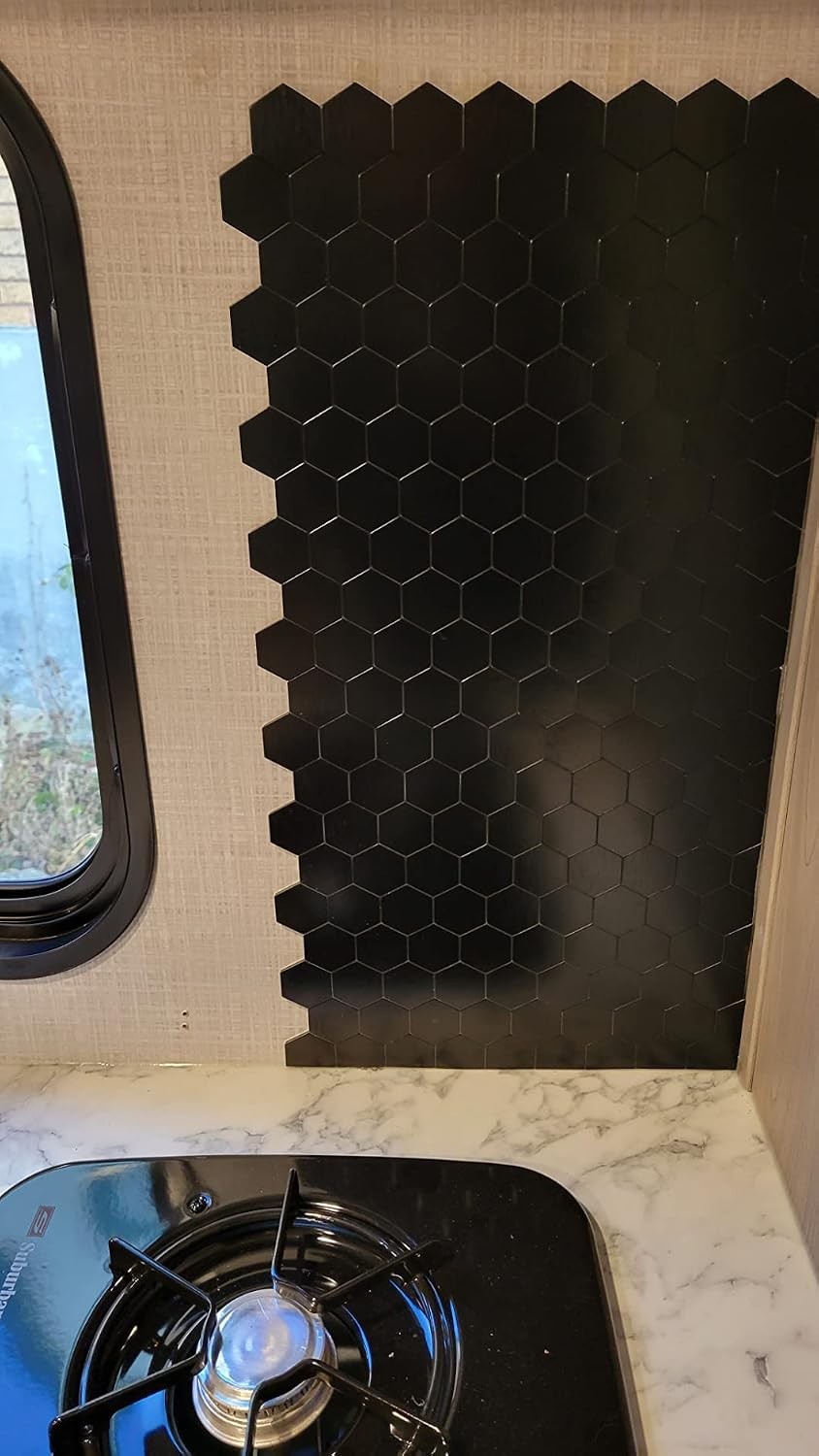 Peel and Stick Hexagon Tile, Black Brushed Aluminum Texture Panel Self-Adhesive